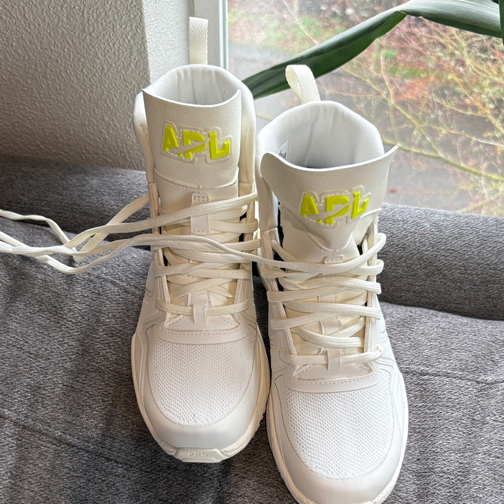 APL white High-Top Sneakers with Neon yellow Accents- worn 1x
Techloom Defender